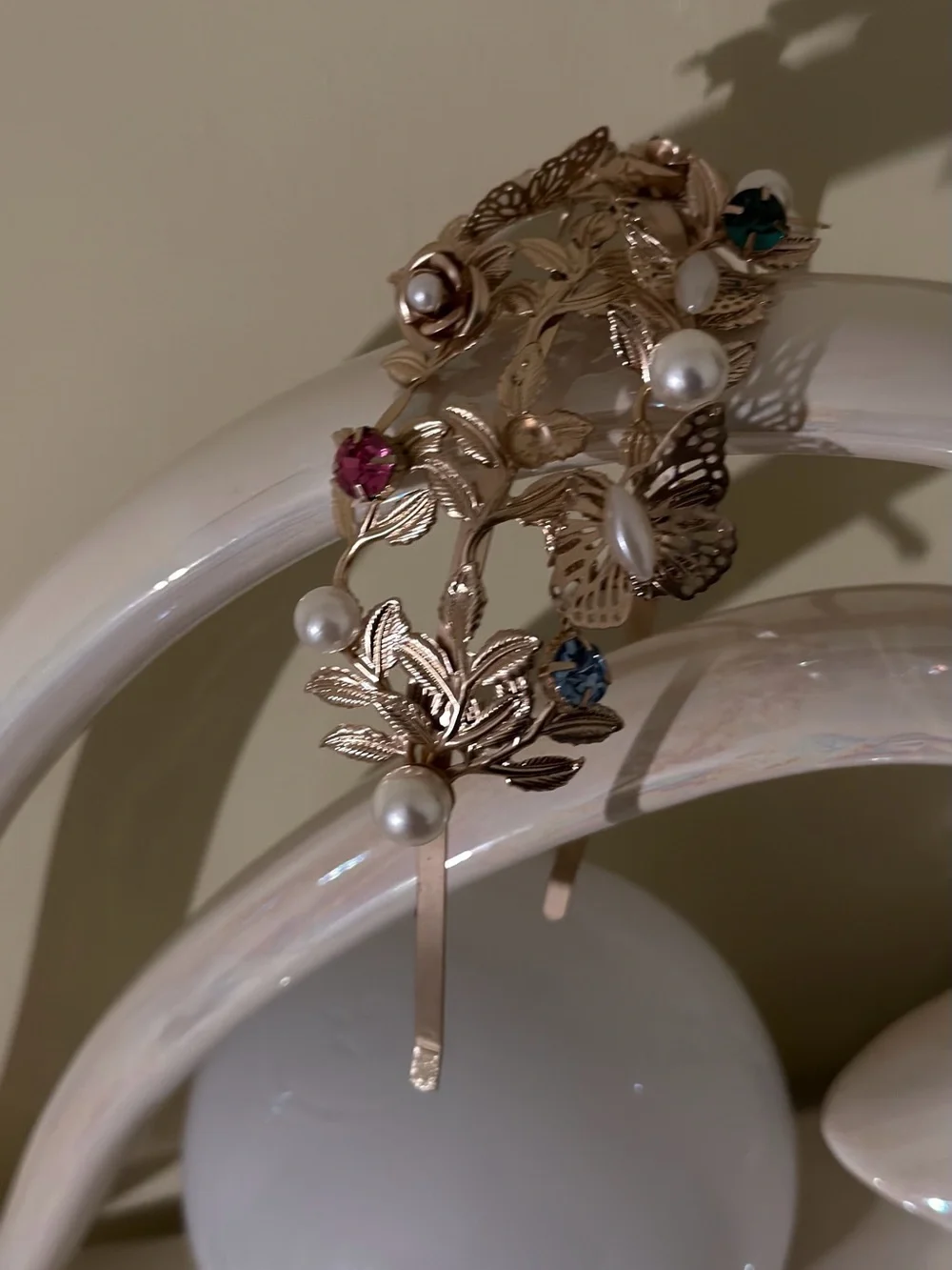 Gold-Tone Floral Pearl Headband with Multicolor Gem Accents. Head Coronet
